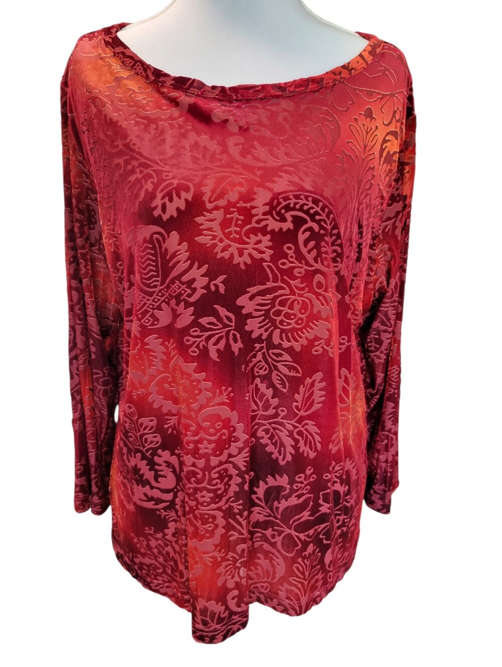 Coldwater Creek Red Orange Burnout Velvet Long Sleeve Wide Neck Blouse